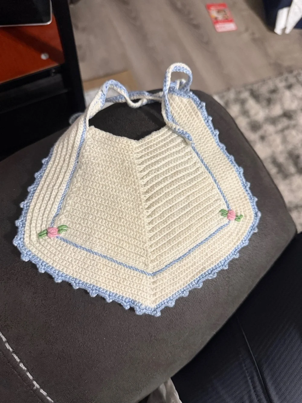 Cream and Blue Crochet Baby Bib with Pink Rose Embroidery vintage